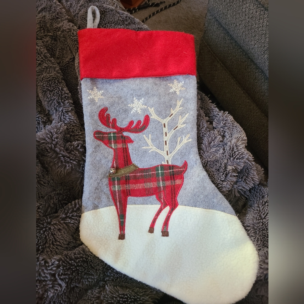 Christmas Stocking Felt Plaid‎ Reindeer Appliqued Embroidered And Oversized